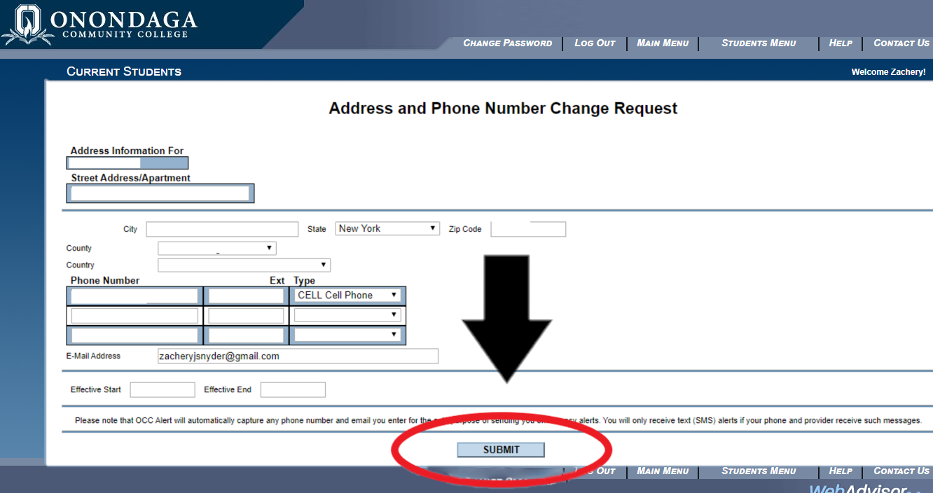 Address and Phone Number Change Request Page. Circled in red is the submit button with a black arrow pointing to it. 