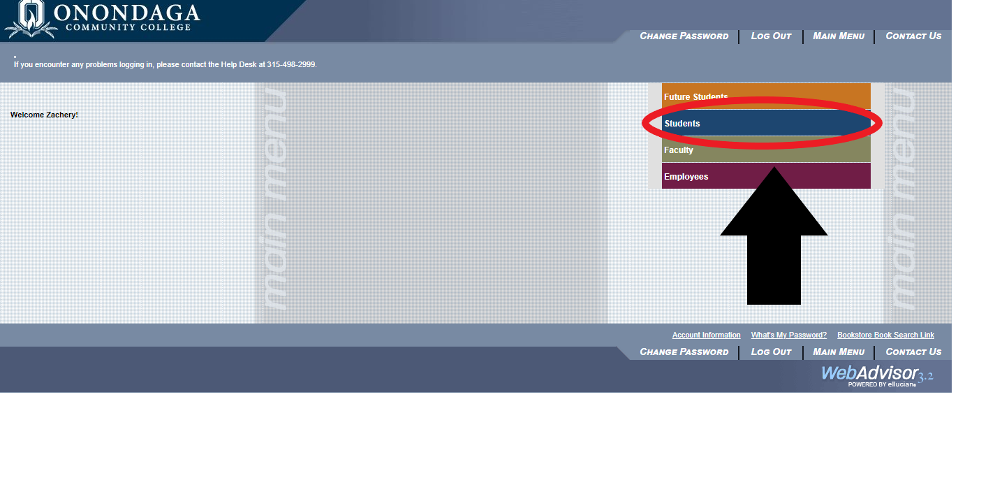 Screenshot of the homepage for Webadvisor after login. Blue student tab is highlighted with an arrow pointing to it. 