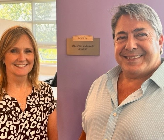 Janelle (left) and Mike Ancillotti '82 (right) pictured in the Whitney Applied Technology Center on the OCC Campus.