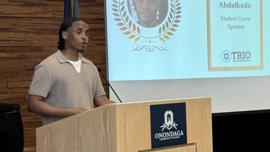 Mohamed Abdulkadir was one of two student speakers during the Opportunity Programs Convocation. Abdulkadir is completing his Broadcast Media Communications degree this semester.