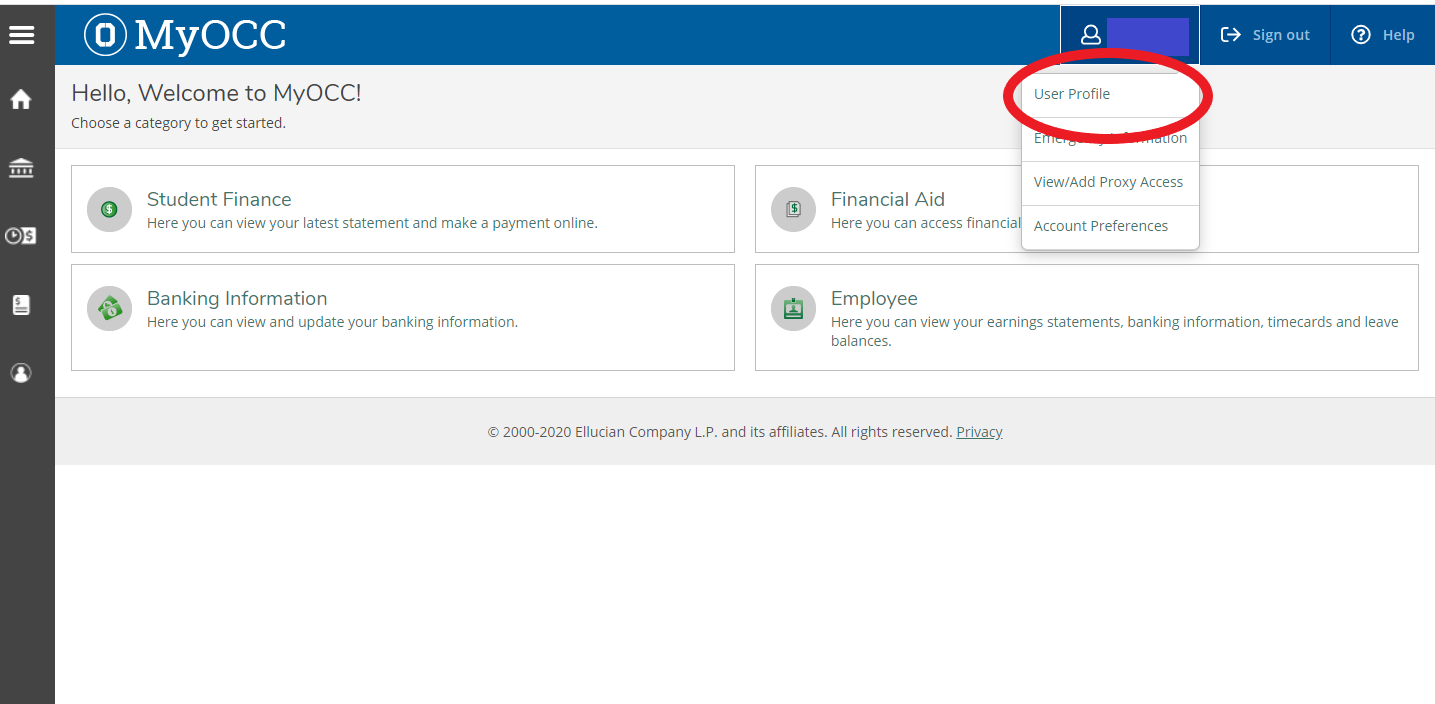MyOCC homepage for employees with red circle around the user profile button 