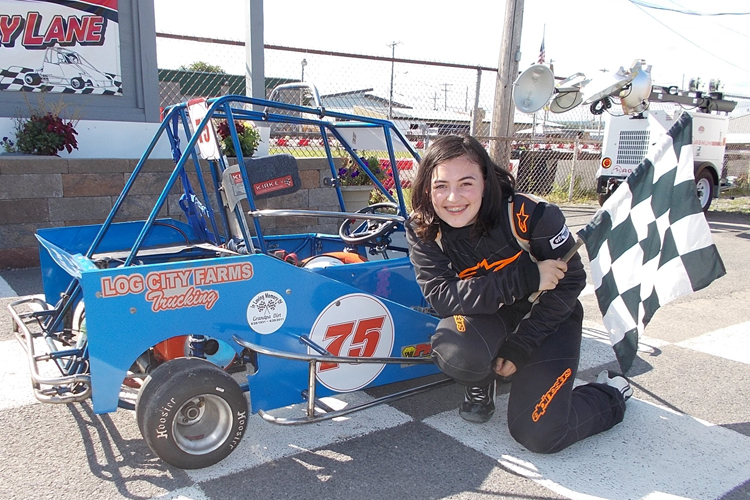 Allie at age 15 with her microd car. Photo courtesy Dirt Track Digest.