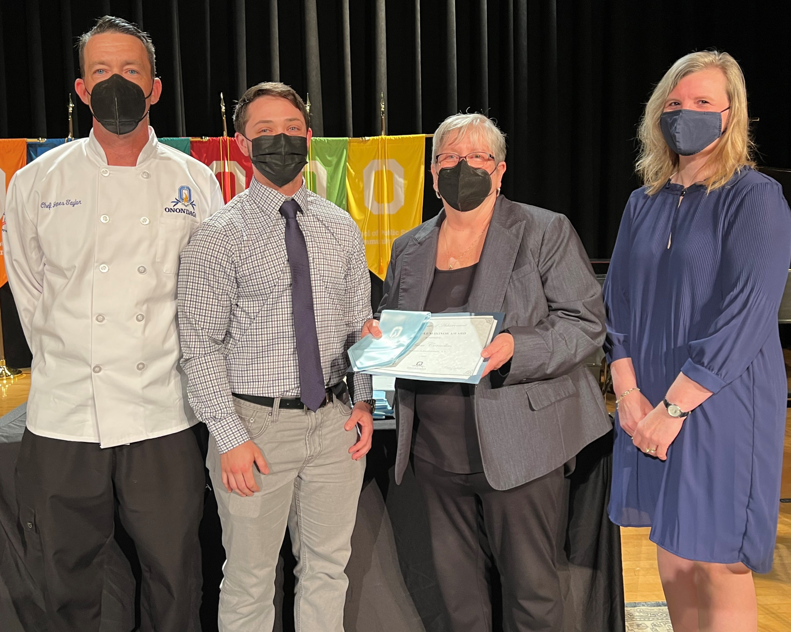 Business Administration: (left to right) Chef James Taylor, Liam Cornelius, President Dr. Casey Crabill, and Provost Anastasia Urtz