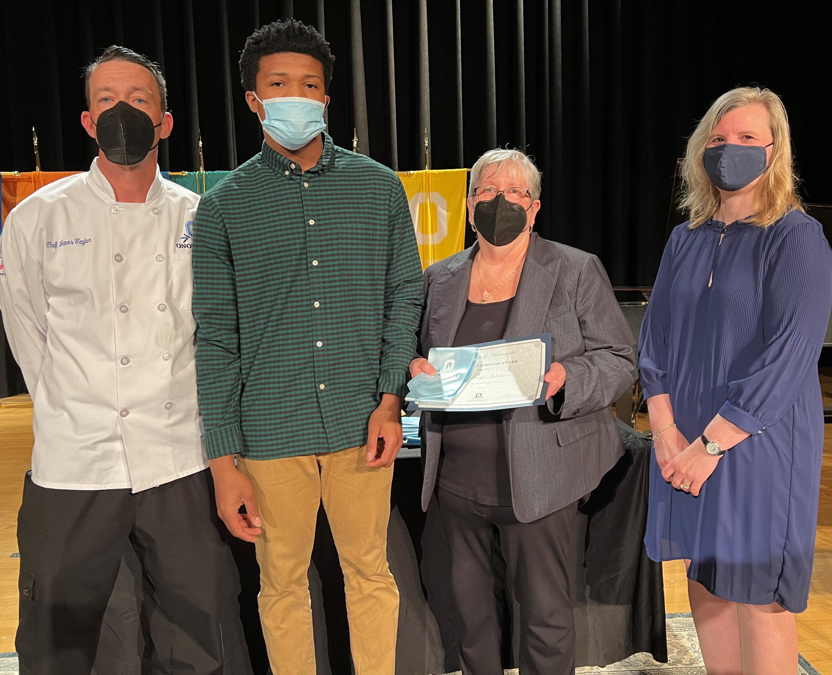 Business Technology: (left to right) Chef James Taylor, Abednego Johnson, President Dr. Casey Crabill, Provost Anastasia Urtz.