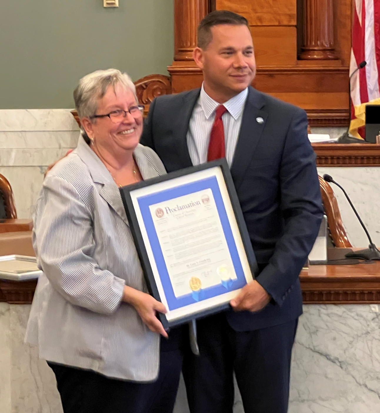 Onondaga County Executive J. Ryan McMahon (right) presented Dr. Casey Crabill (left) with a proclamation, declaring June 8 "Casey Crabill Day" in Onondaga County and the City of Syracuse.