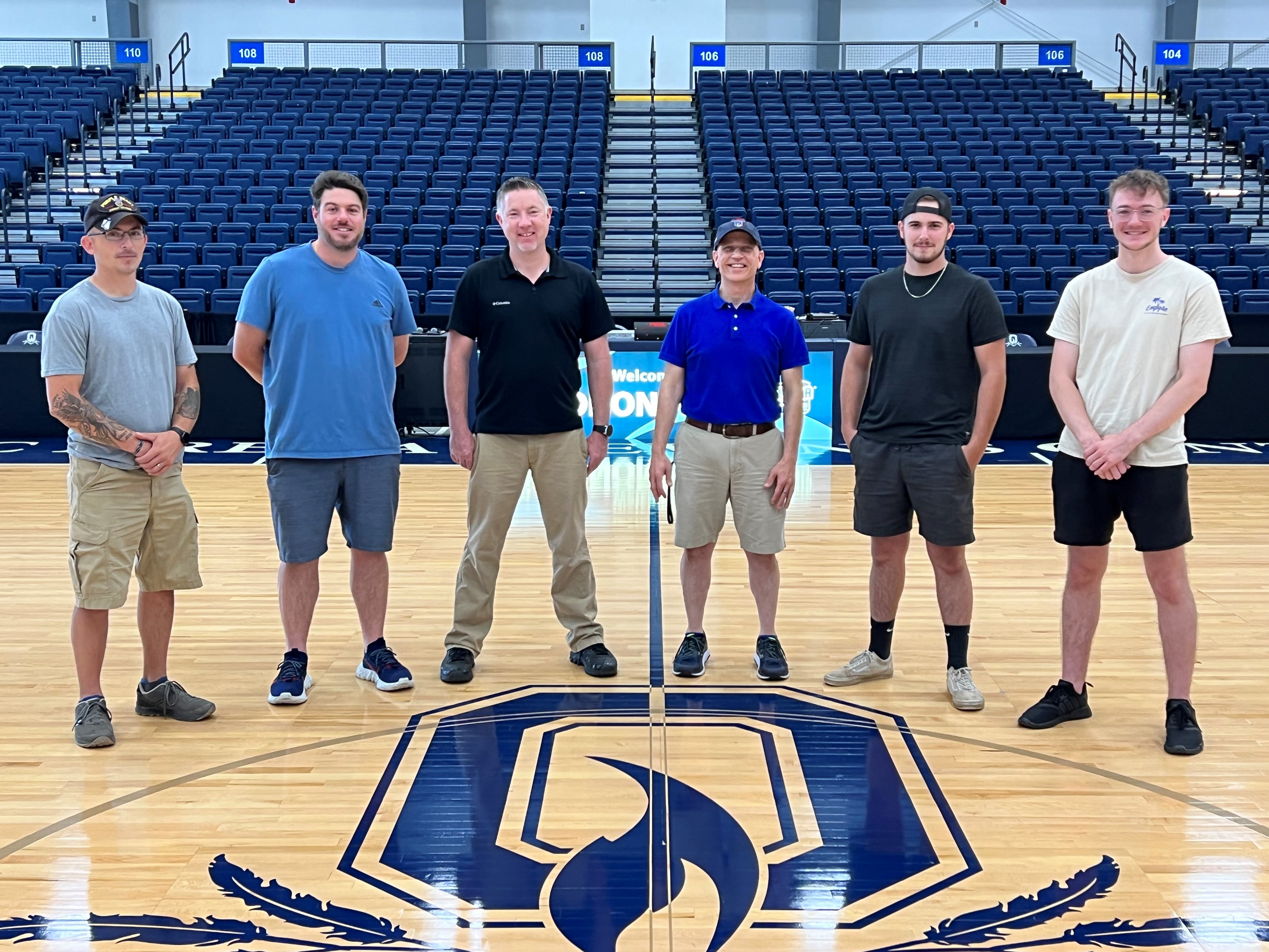 OCC Alums working on the TBT broadcast this weekend include (left to right) Todd Torrance '13, Charles Grant '09, Matt Langley '03, Professor Tony Vadala, Jason Breezee '20, and Joe Scilingo '22.