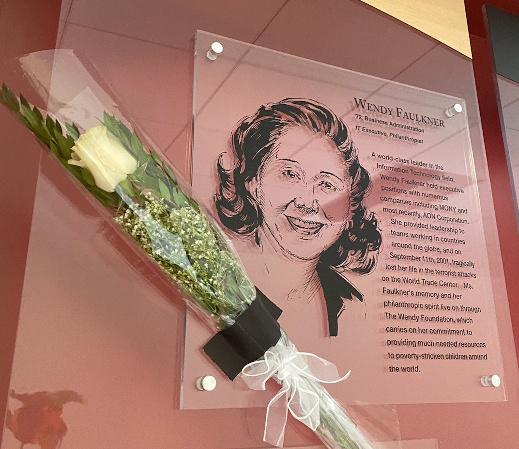 The Alumni Faces plaque of 9/11 victim Wendy Faulkner in the Gordon Student Center.
