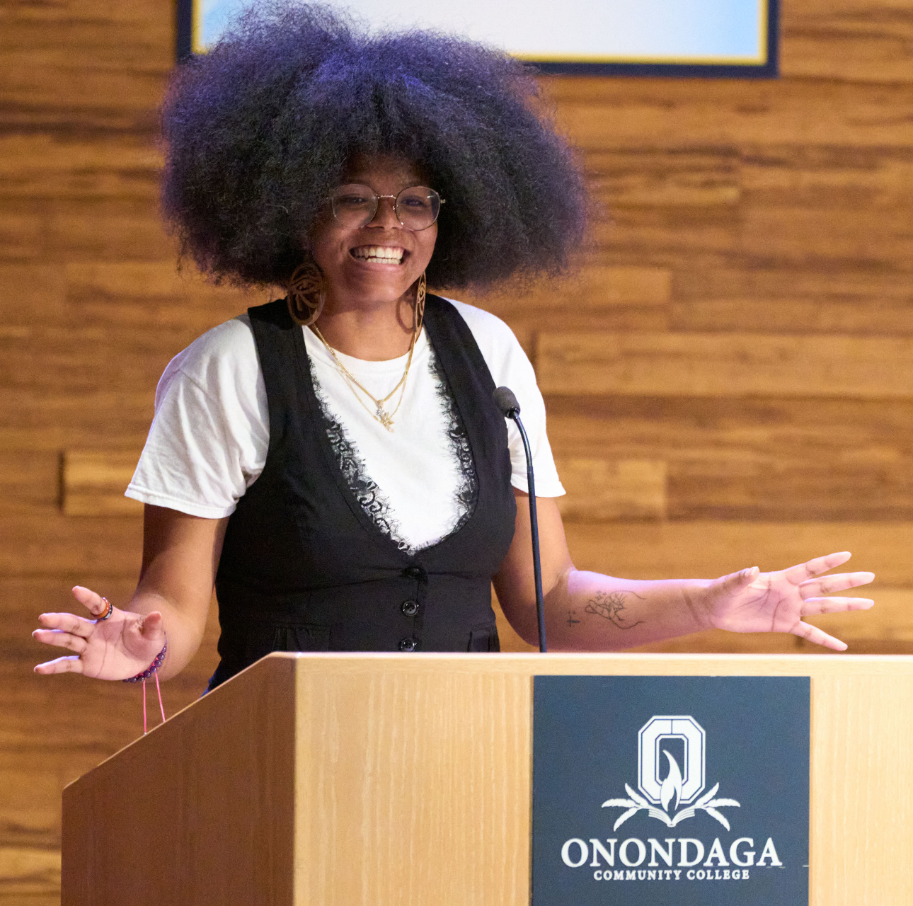 Seipio introduced Alumni Faces honoree Jesse Wilson '12 at the induction ceremony last month. It was held in the Frederick Marvin and Ernst Schuh Recital Hall.