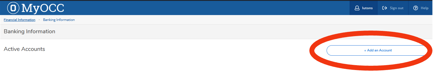 MyOCC Banking Info - Add Account Button