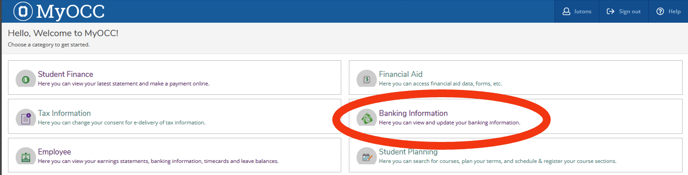 MyOCC Homepage (Left Column: Student Finance, Tax Info, Employee. Right Column: Financial Aid, Banking Info, Student Planning)  