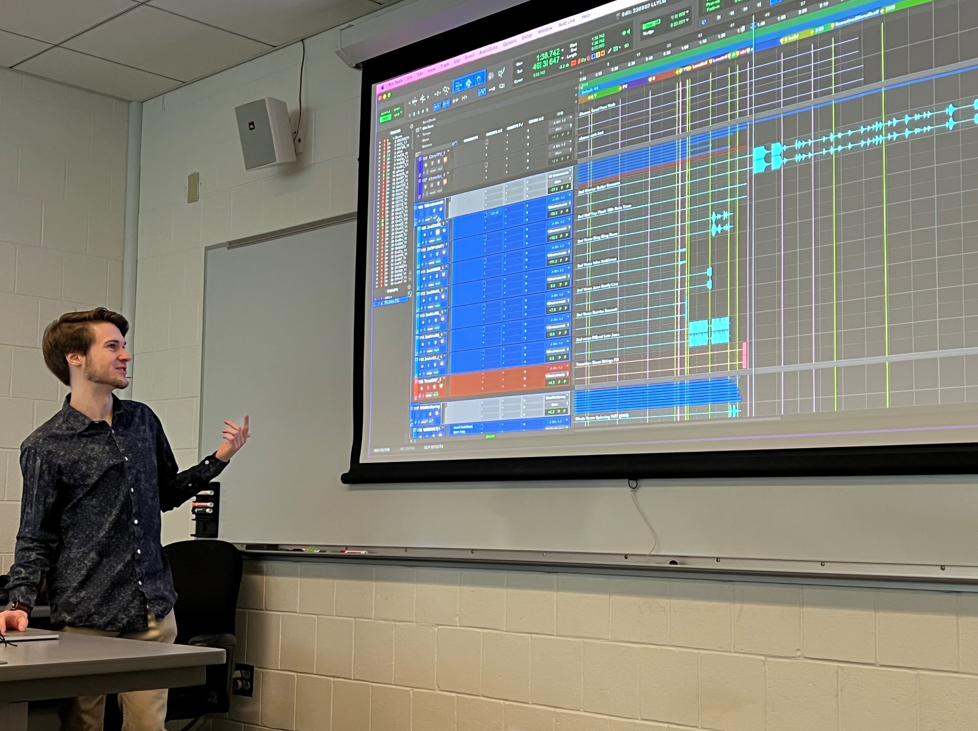 Sound Recording Professor Shane Patterson explained to students how a song was recorded and produced.