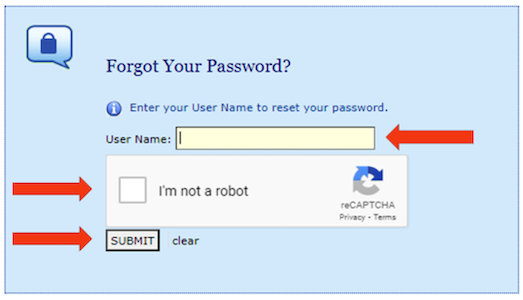 "Forgot your password?" screen - enter your OCC email in username field