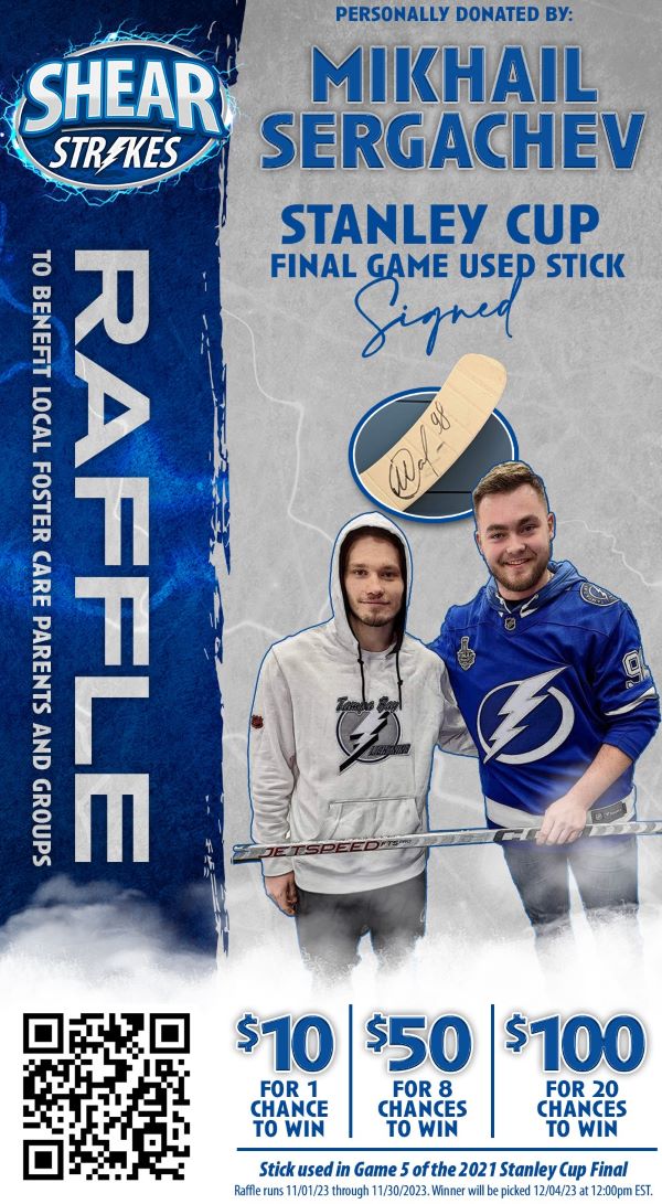 OCC Student Eric Shear (pictured at right) is raising money for the Onondaga County Foster Care system by raffling off a hockey stick used in the Stanley Cup Finals.