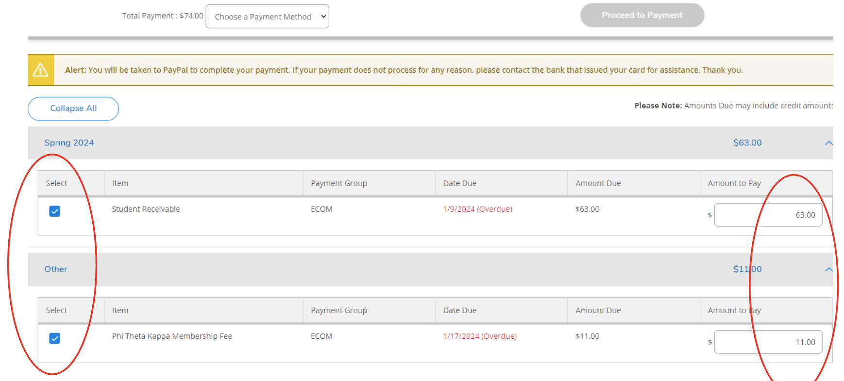 MyOCC PTK Payment Screen