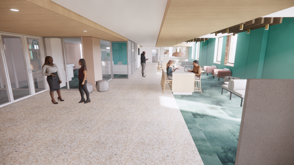 The Student Hub where students will spend time collaborating and relaxing in between classes.