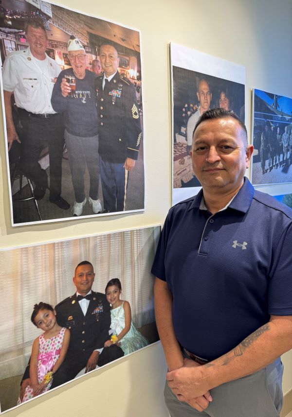 Carlos Prillwitz is pictured next to two photos of himself. He retired from the Army after 22 years of service. Prillwitz is a Student Success Navigator at OCC.