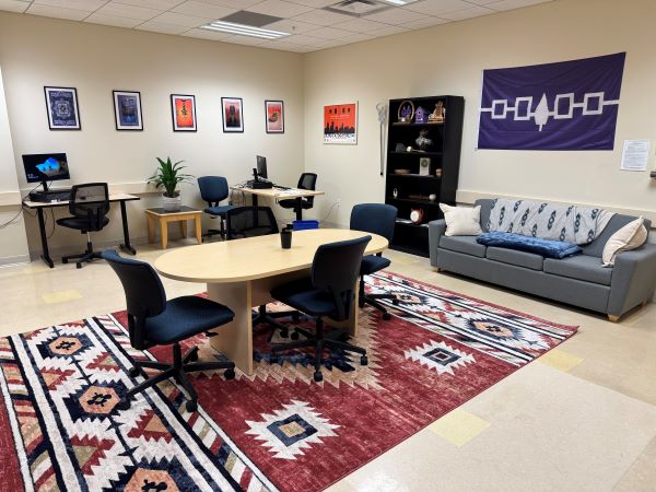 The Indigenous Student Center is located in room M275 on the second floor of Mawhinney Hall.