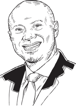 Black and white illustration of Emad Rahim
