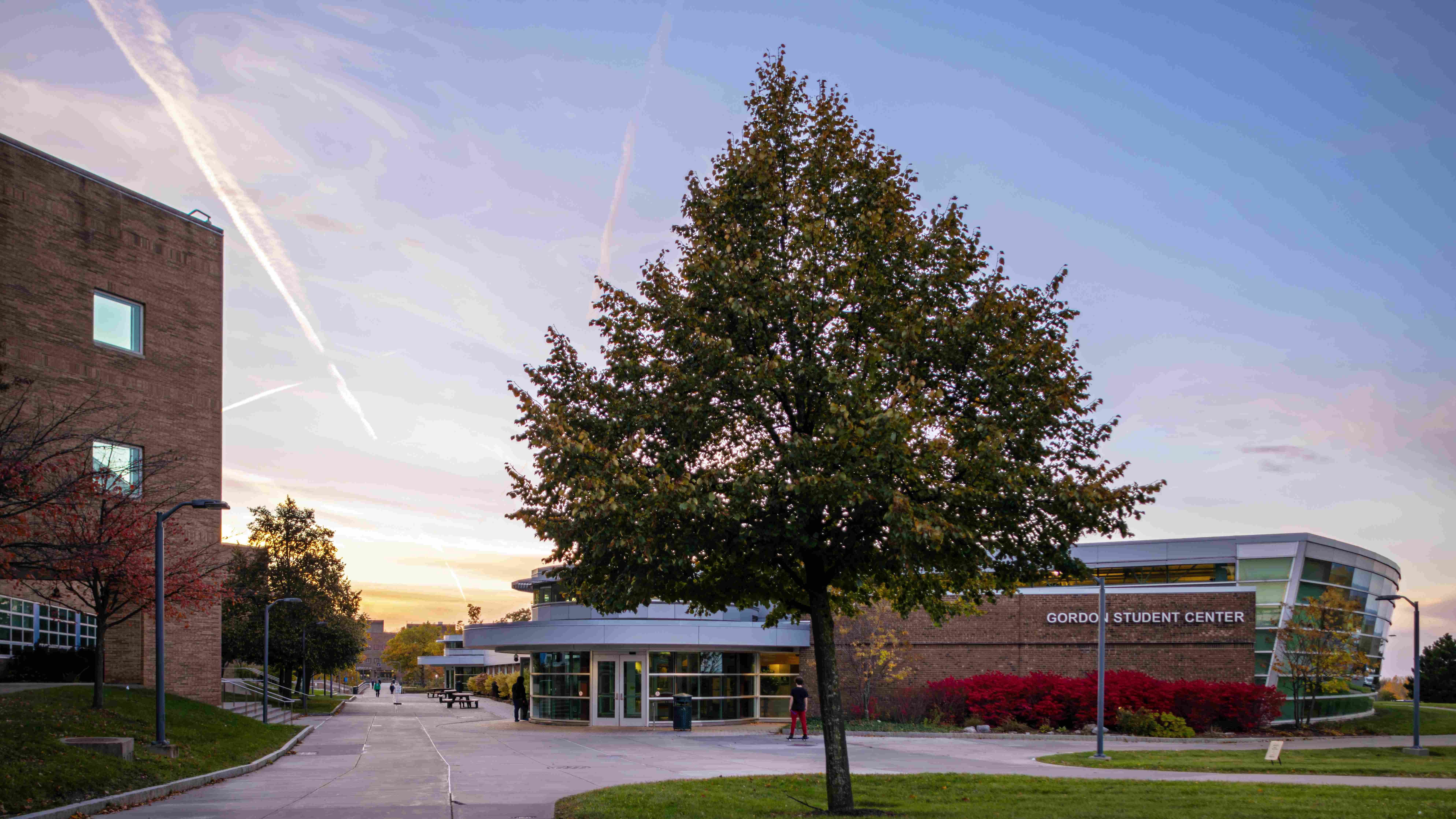 Campus walkway at sunset with the Gordon Student Center building and a tree in the foreground.