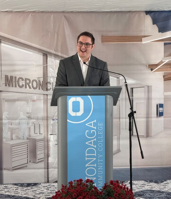 OCC student Nick Hay spoke at the celebration. He will complete his Electromechanical Technology degree in December, and begin working at Micron in Manassas, Virginia in January 2026. "If you would have told me 7 years ago that I would be here doing everything I'm doing now, I would have say to myself, "No... you're a little crazy."