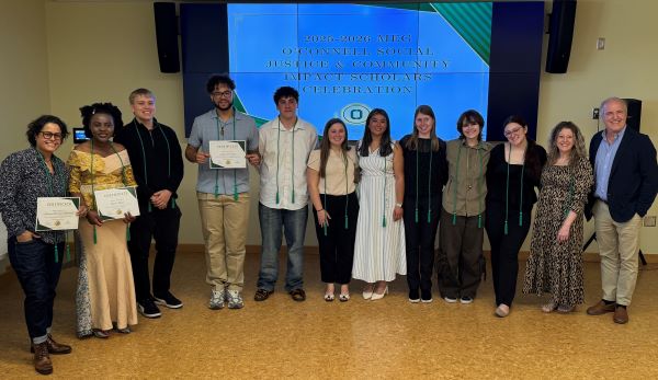 The Meg O'Connell Scholars pose for a group photo with Eric Allyn (far right) whose generous support started the program in 2022.