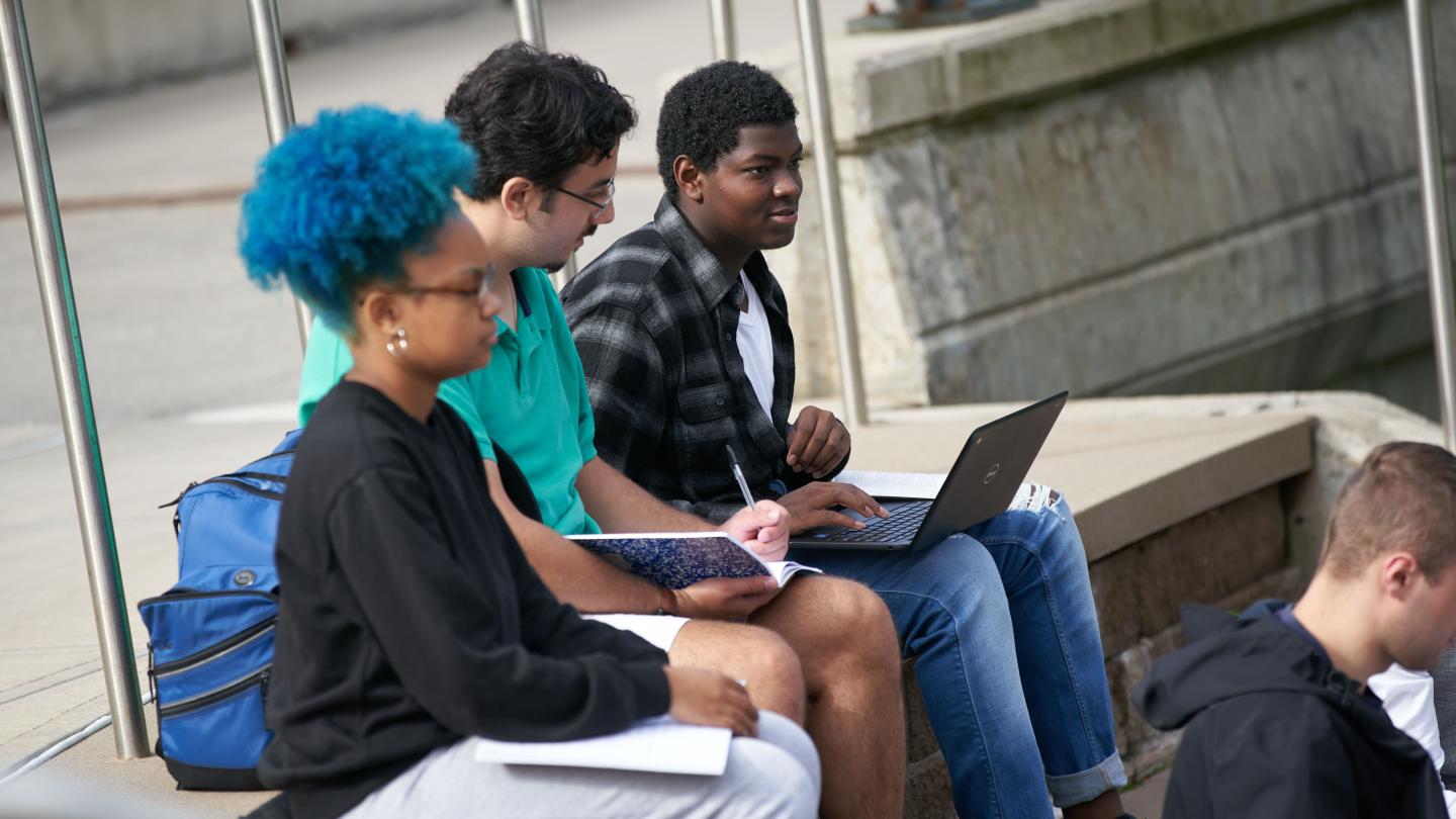 Students studying in a group outside