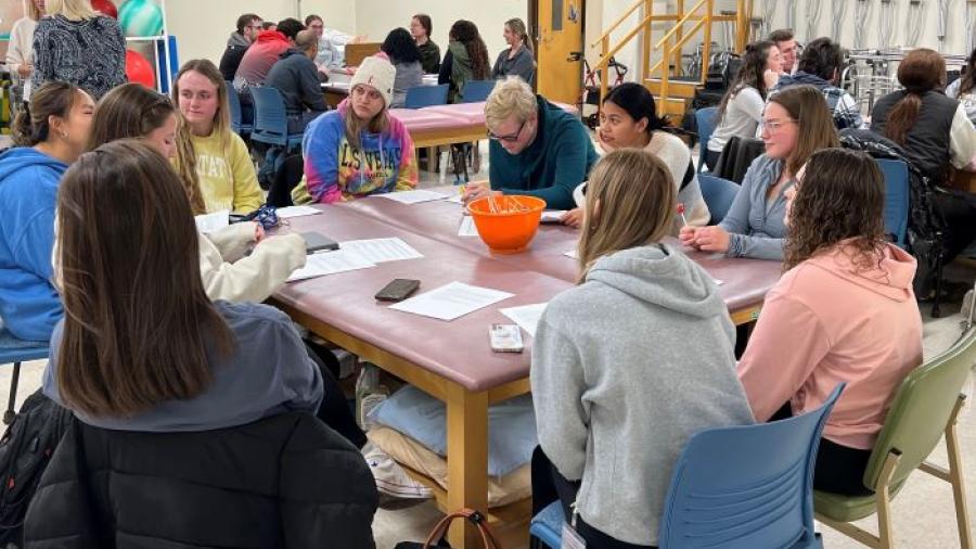 Students from OCC's Physical Therapist Assistant program and Doctor of Physical Therapy students from SUNY Upstate Medical University spent time together collaborating on problem-solving. They are pictured in OCC's Ferrante Hall.