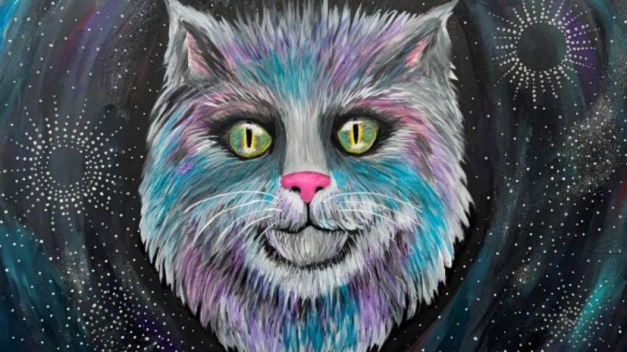 This acrylic on canvas titled "Cosmic Feline Dreams" is the work of OCC's Erin Woods.