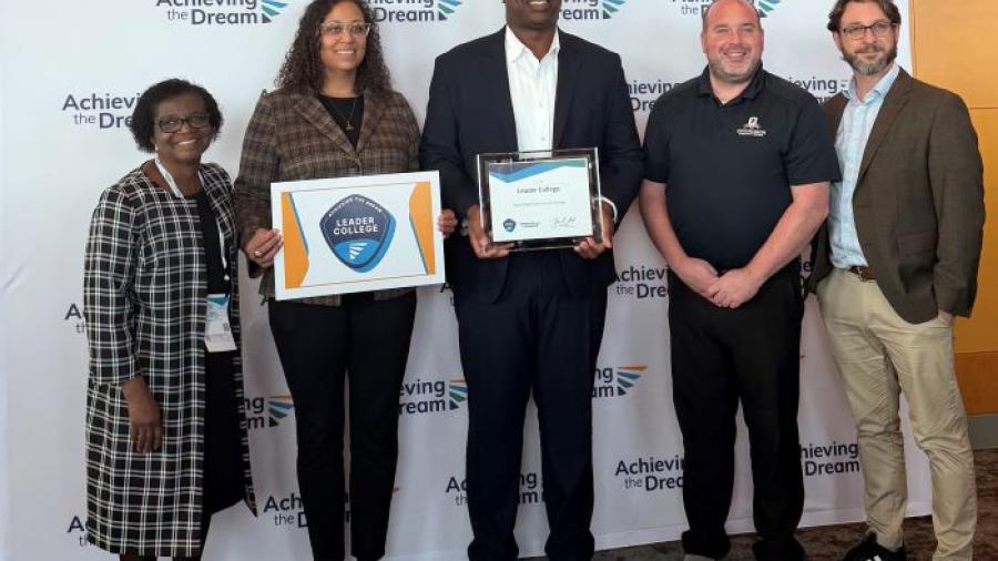 Accepting OCC's designation as an Achieving The Dream Leader College are (left to right) Agatha Awuah, Naomi Stewart, Warren Hilton, Ted Mathews, and Matt DelConte.