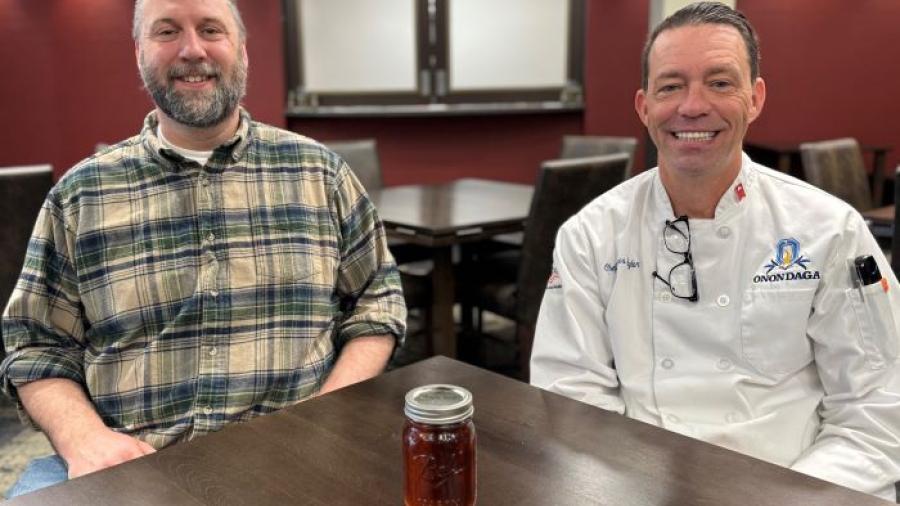 Professor Olin Stratton's (left) maple syrup was used to create maple syrup gelato by Chef James Taylor (right) and his Culinary Management students.