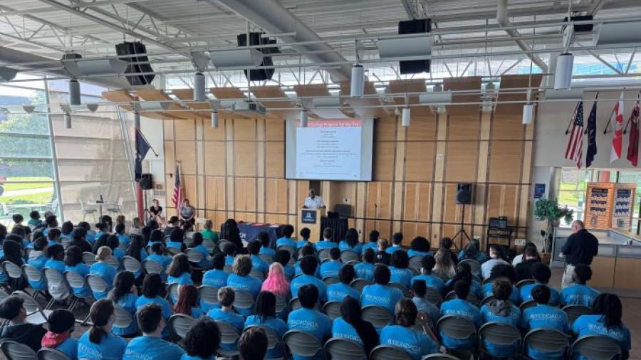 Onondaga Community College President Warren Hilton spoke with Syracuse City School District students during the P-TECH signing ceremony. The event was held in the Gordon Student Center Great Room on the OCC campus.
