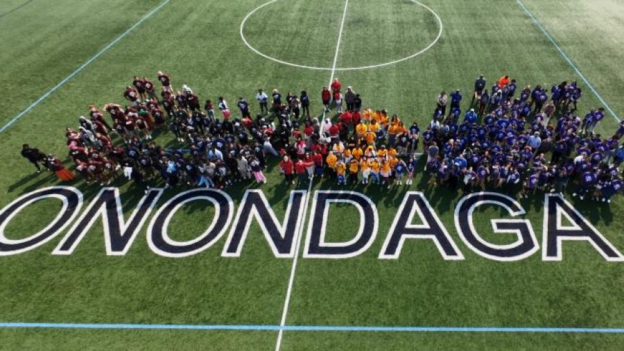 Syracuse City School District students entering Career and Technical Education programs this fall pose for a drone photo on Chuck Wilbur Field at Lazer Stadium. (photo courtesy Quindell Williams, SCSD)