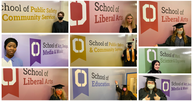 Nine Students standing in front of different banners for different schools. Colors of the banner are red, yellow, purple, green and blue.