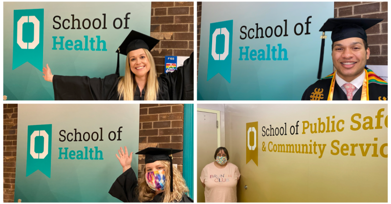 4 individual photos of students in front of their school banners of different colors.