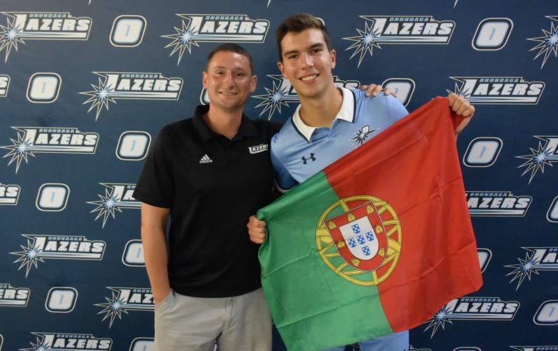 Men's Soccer Coach Corey Fonseca with player Francisco Costa.