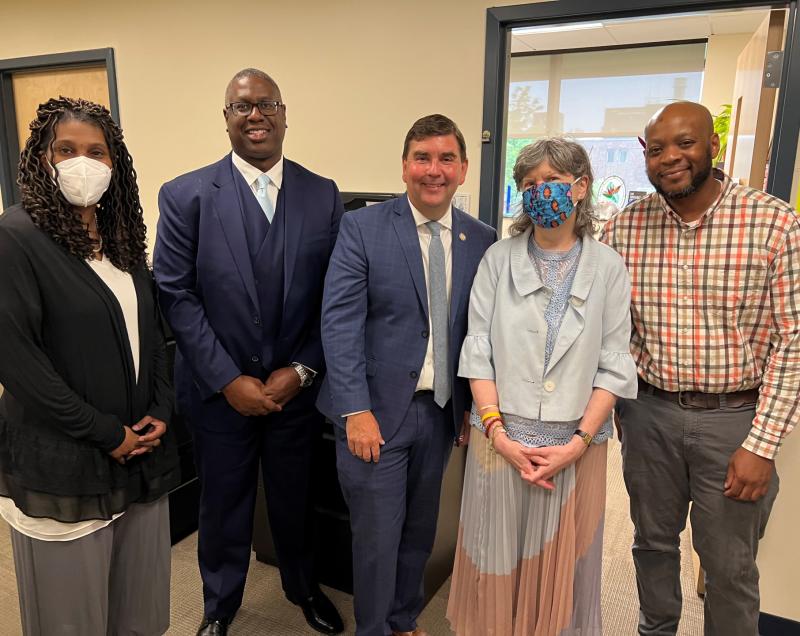 Saying &quot;thank you&quot; to Senator John Mannion (center) for his support of the Office of Accessibility Resources are (left to right) Daneen Brooks, OCC President Dr. Warren Hilton, Mannion, Nancy Carr, and Jay Harrison.