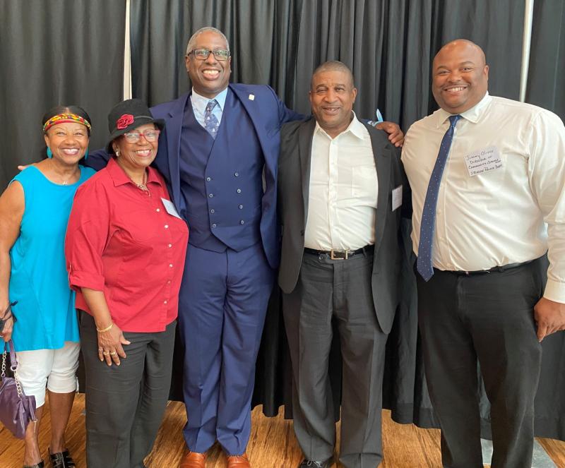 Pictured with OCC President Dr. Warren Hilton (center) are (left to right) Karin Franklin-King '69, Linda Ervin, Walt Dixie, and Jimmy Oliver.