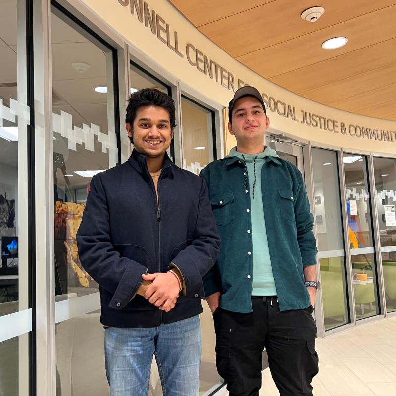 Social Justice Scholars Noor Noor (left) and Salih Kaleel (right) are pictured outside the Meg O'Connell Center for Social Justice and Community Impact in Coulter Hall.