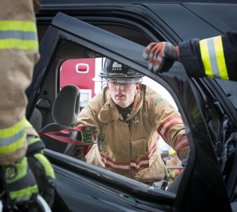 Students learn from a mock accident scene as part of OCC's Fire Protection Technology degree program.