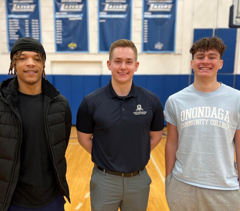 Head Coach Joe Hulbert (center) is in his first season coaching the OCC Men's Basketball team. He's pictured with players Isaiah Warmack (left) and Zach Chamberlain (right).