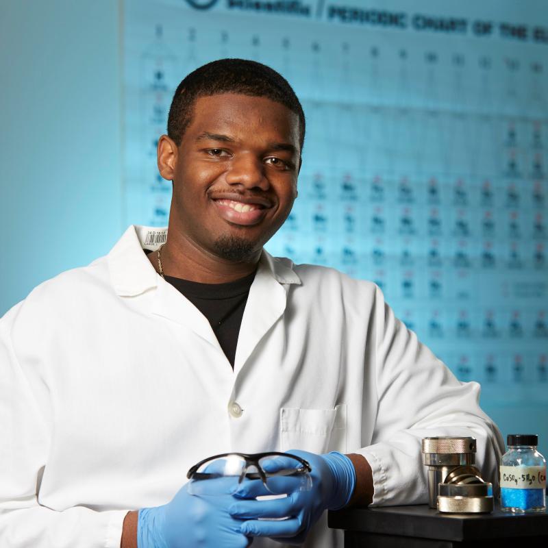 Dewayne Garner Jr '15 is pictured in Onondaga Community College's Ferrante Hall while he was a student here. Today he is in Lockhheed Martin's Engineering Leadership Development Program.