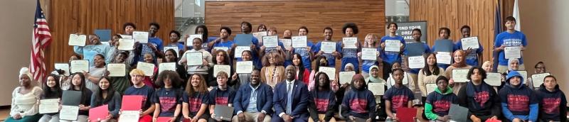 Syracuse City School District students and supporters of the P-TECH program pose for a group photo at Onondaga Community College.