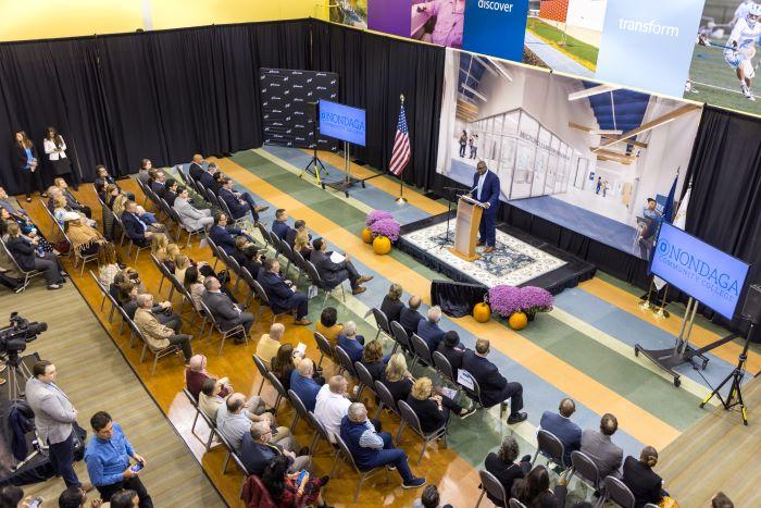An event celebrating plans for the Micron Cleanroom Simulation Lab was held in the Whitney Applied Technology Center where the facility will be constructed. Pictured speaking at the event is OCC President Dr. Warren M. Hilton.