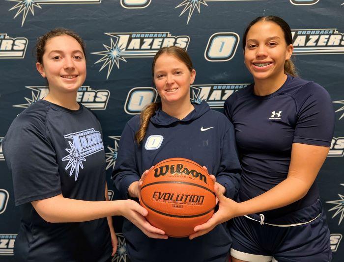 Women's Basketball Head Coach Kelly Seibt (center) is pictured with freshmen Mallory Brooks (left) and Kara Stephens (right). They featured in the latest edition of OCC's podcast, &quot;Chatting About College.&quot;
