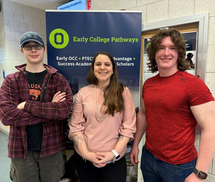 P-TECH students Vincent Hubbard (left) of Fulton and Will Appleton (right) of Central Square will do paid internships at Micron this summer. They are pictured with Hailey Warren (center) who is OCC's Assistant Director of Early College Pathways.