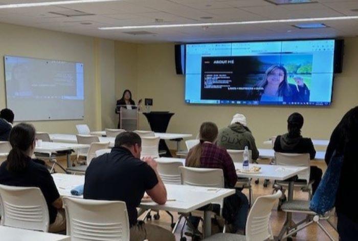 Maria Alejandra Pozo speaks at Onondaga Community College as part of Women's History Month.