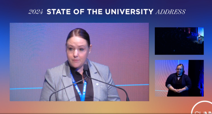 New OCC Alumna Danielle Lambert'24 speaks at SUNY's State of the University Address in Albany.