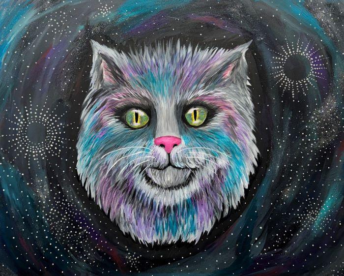 This acrylic on canvas titled &quot;Cosmic Feline Dreams&quot; is the work of OCC's Erin Woods.