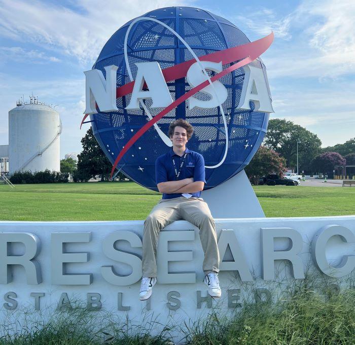 Isaac Bennett '24 is pictured outside the NASA Research Center in Langley, Virginia where he recently completed the NASA Community College Aerospace Scholars program.