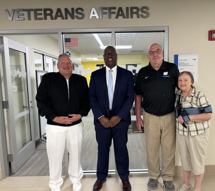 Celebrating 50 years serving Student Veterans are (L to R) U.S. Navy Rear Admiral Josh Jackson, OCC President Warren Hilton, Steve White of the Office of Veterans and Military Services, and Nancy Hazzard, OCC's first Coordinator of Veterans Affairs.